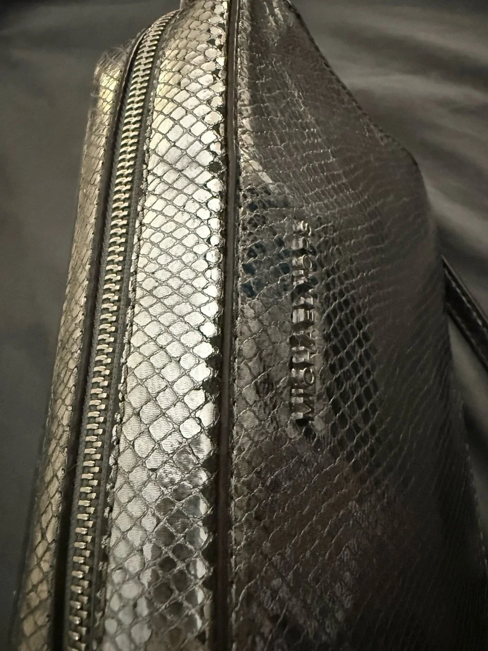 Michael Kors Ginny Metallic Pewter Snakeskin Camera Crossbody Bag READ DESC.